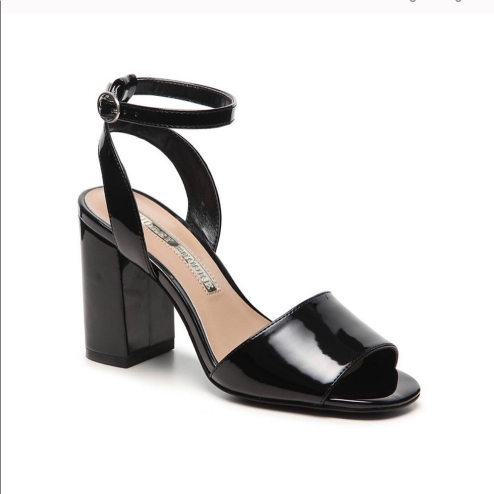 Audrey Brooke Angie patent chunky black heel sandal